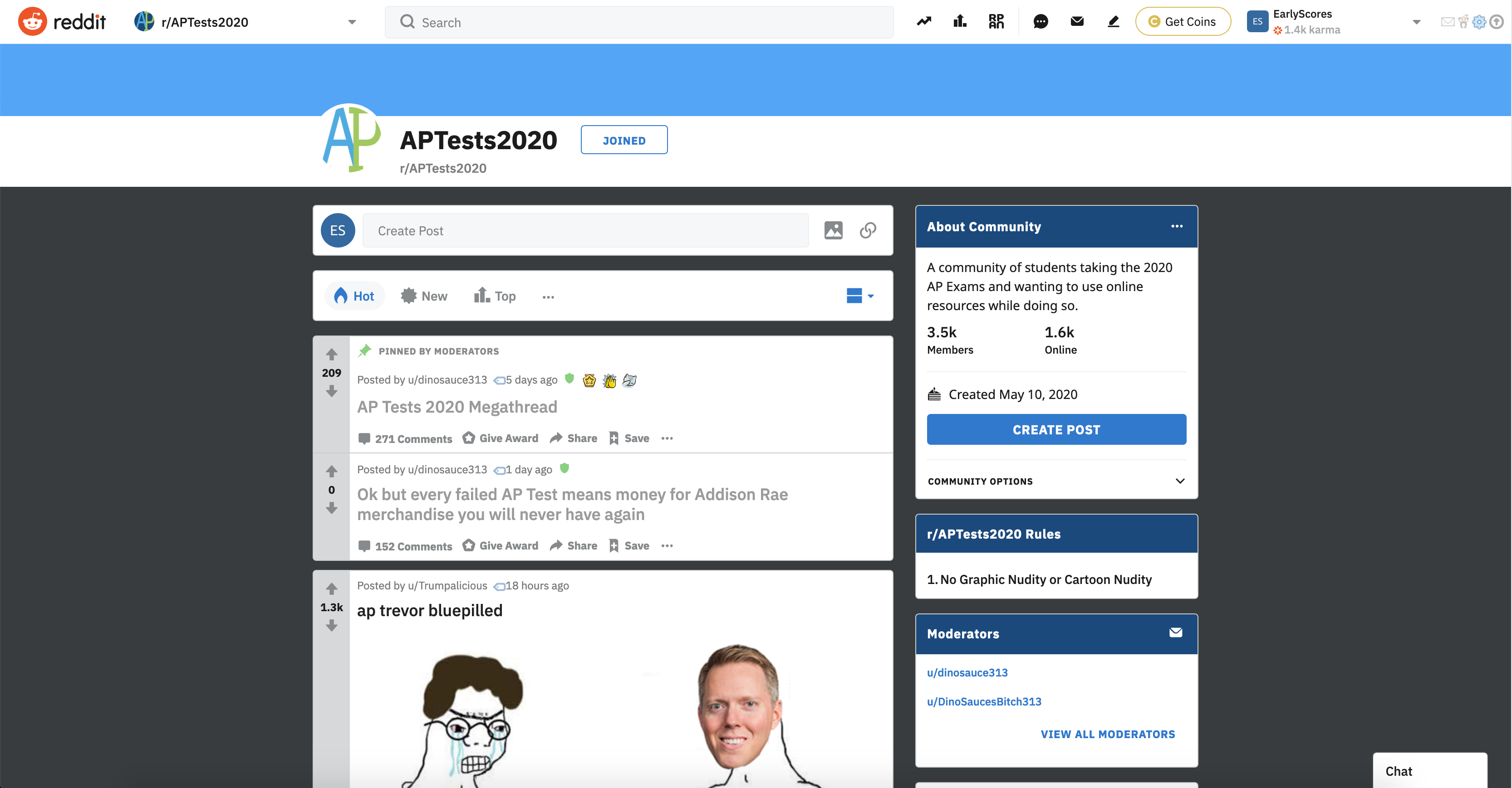 The APTests2020 Subreddit, pictured on May15th.